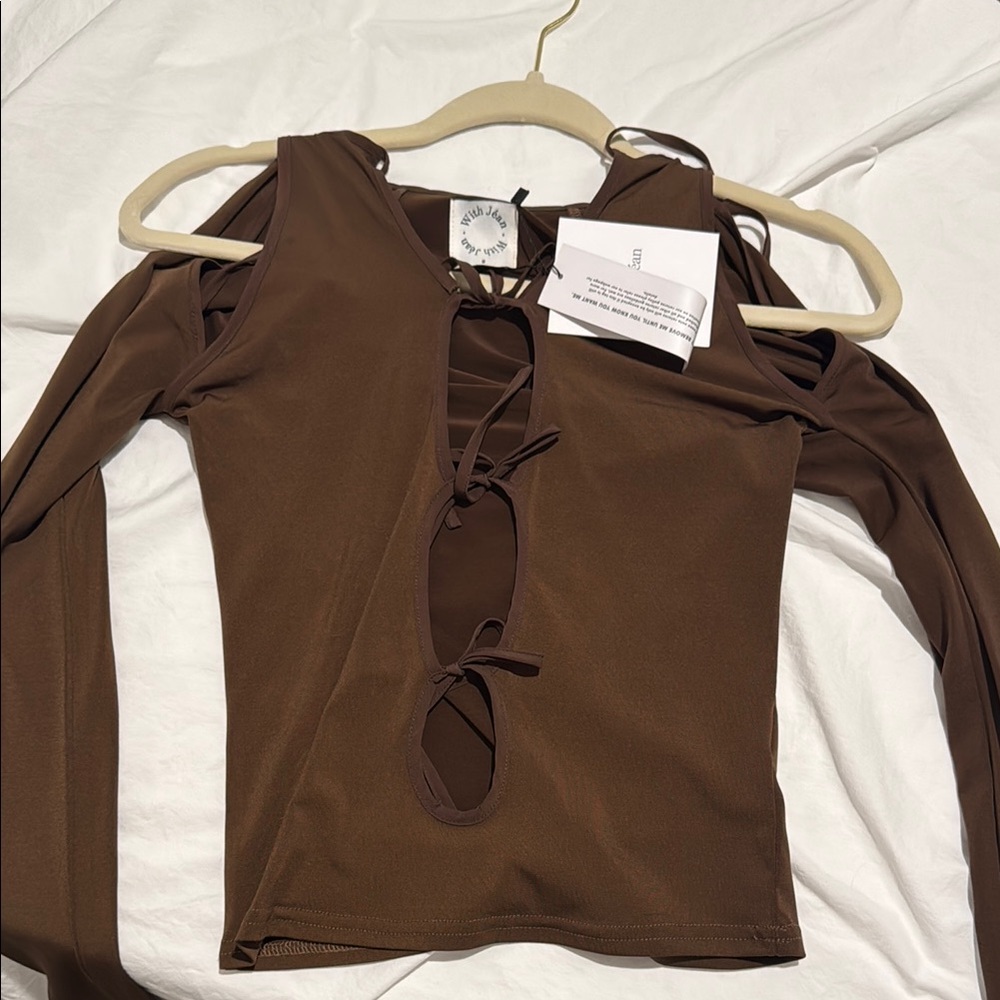 Trendy Brown Cut-Out Long Sleeve Top